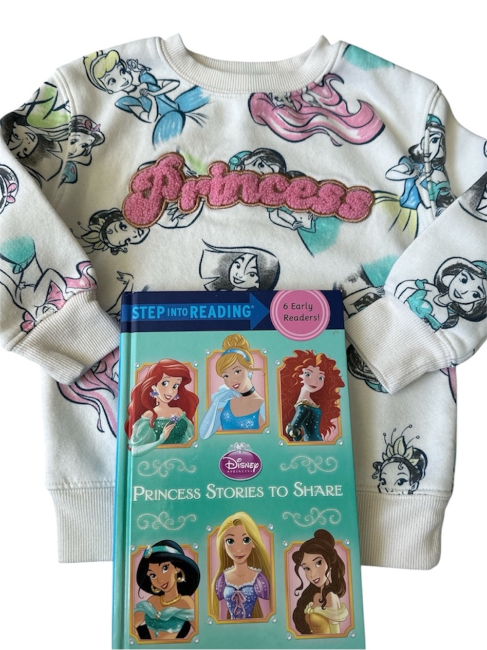 Disney Cream Princess Sweatshirt with Pink and Teal Accents and Book